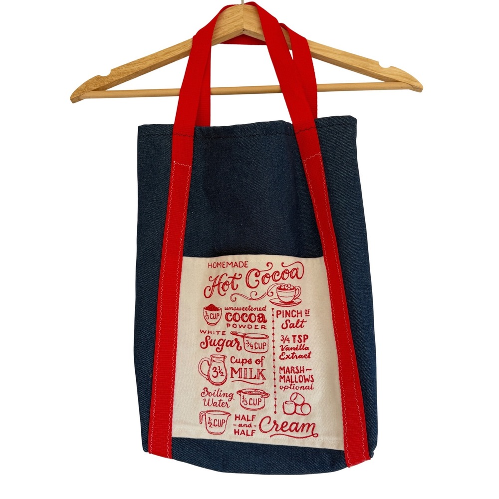 Handmade Denim Tote Bag‎ Red Hot Cocoa Recipe Graphic Pocket Striped Lining Blue